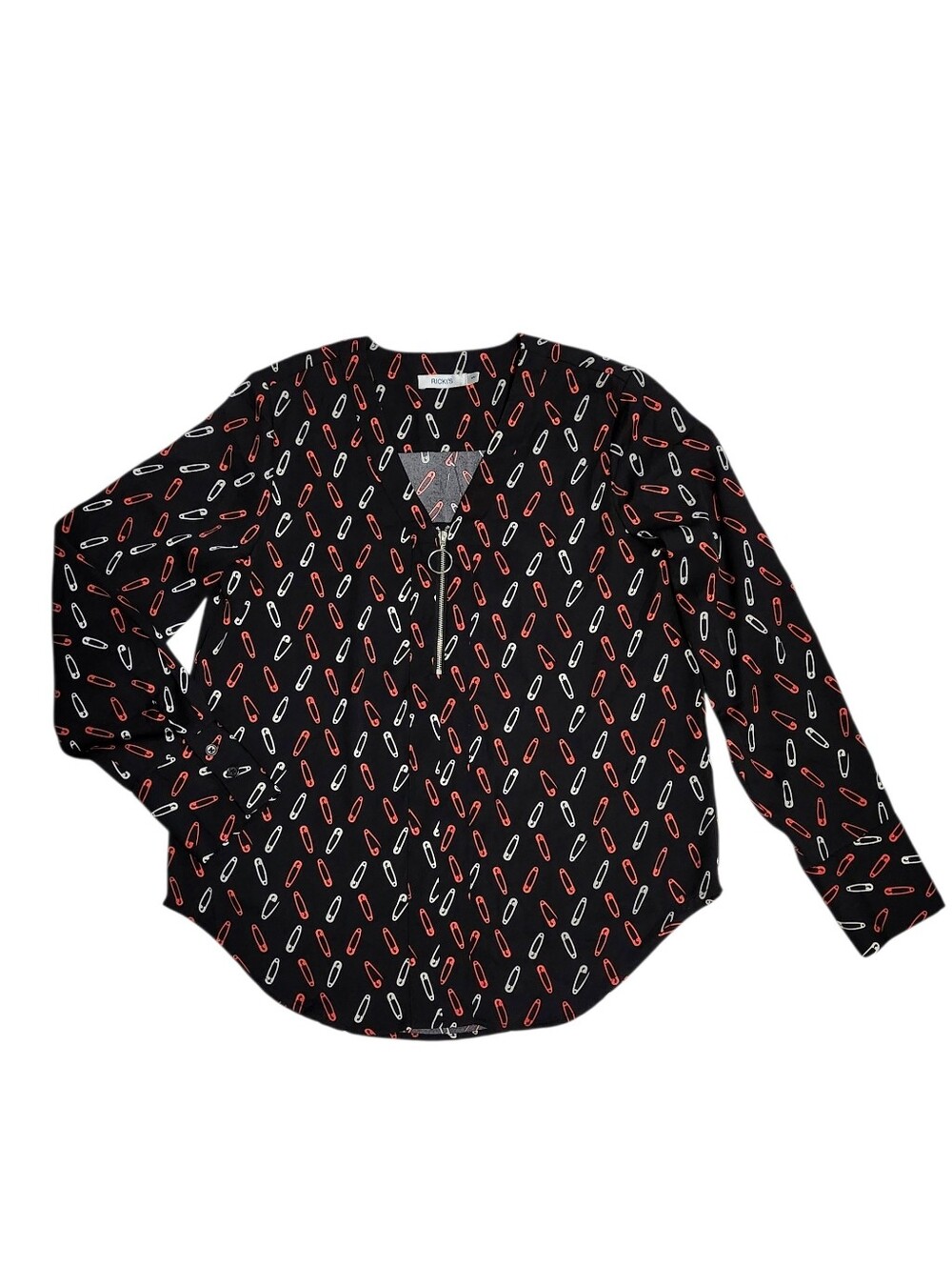 Rickis Black Blouse with Red & White Safety Pin Print and zip pull Size M - Picture 7 of 11